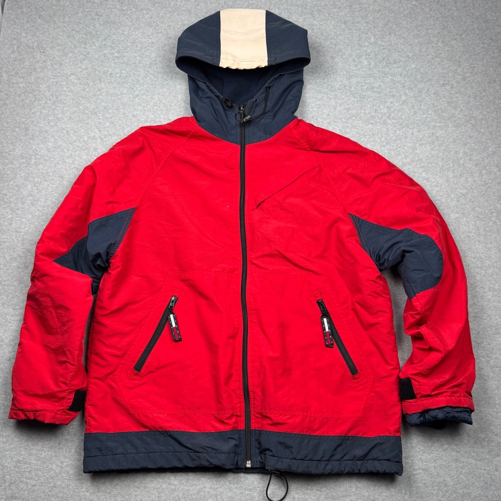 Tommy Jeans Vintage Hooded Sailing Jacket Red Navy Blue Fleece Lined Mens Large